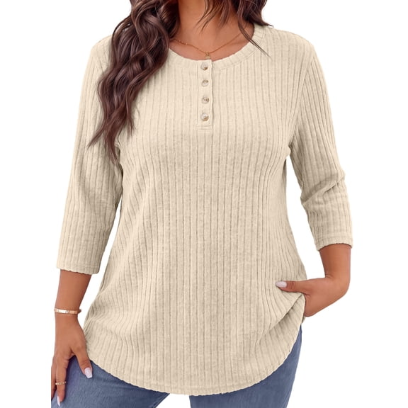 WellSize 3/4 Sleeve Blouses for Women Plus Size Henley Shirts Casual Crew Neck Tunic Tops Trendy Fall Pullover