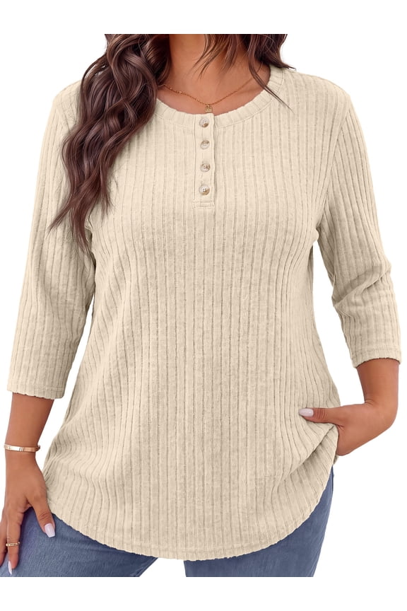 3/4 Sleeve Blouses for Women Plus Size Henley Shirts Casual Crew Neck Tunic Tops Trendy Fall Pullover