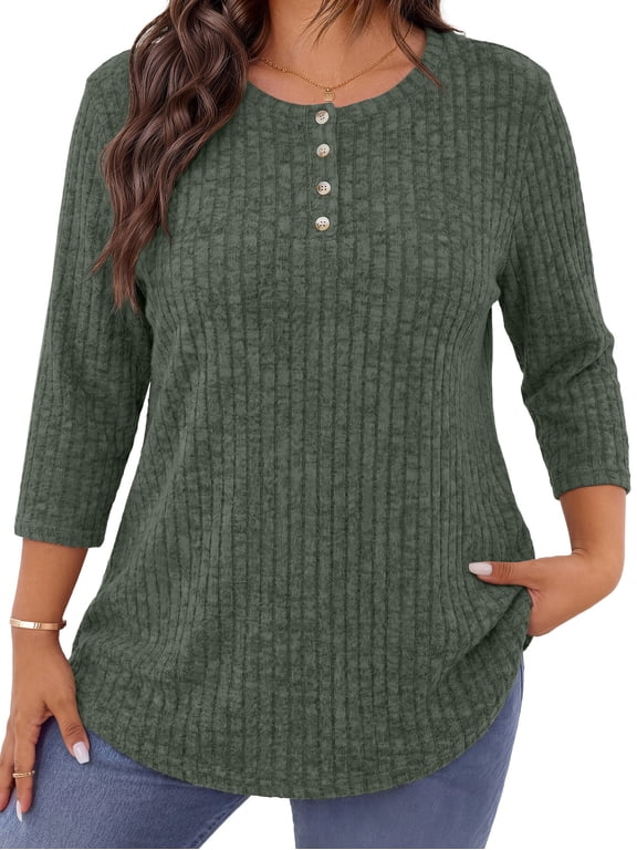 3/4 Sleeve Blouses for Women Plus Size Henley Shirts Casual Crew Neck Tunic Tops Trendy Fall Pullover