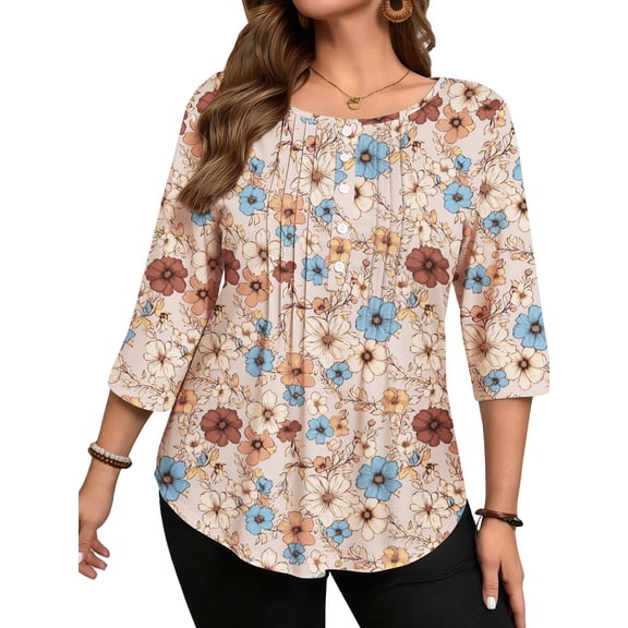 WellSize 3/4 Sleeve Plus Size Womens Blouses Casual Floral Pleats Tops Summer Crewneck Shirts Tunic Curved Hem Blouses