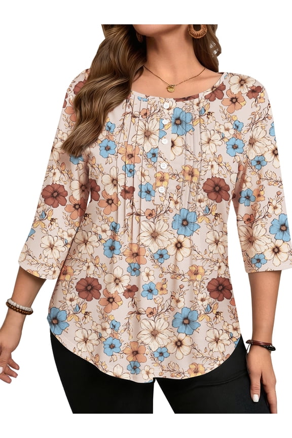 3/4 Sleeve Plus Size Womens Blouses Casual Floral Pleats Tops Summer Crewneck Shirts Tunic Curved Hem Blouses