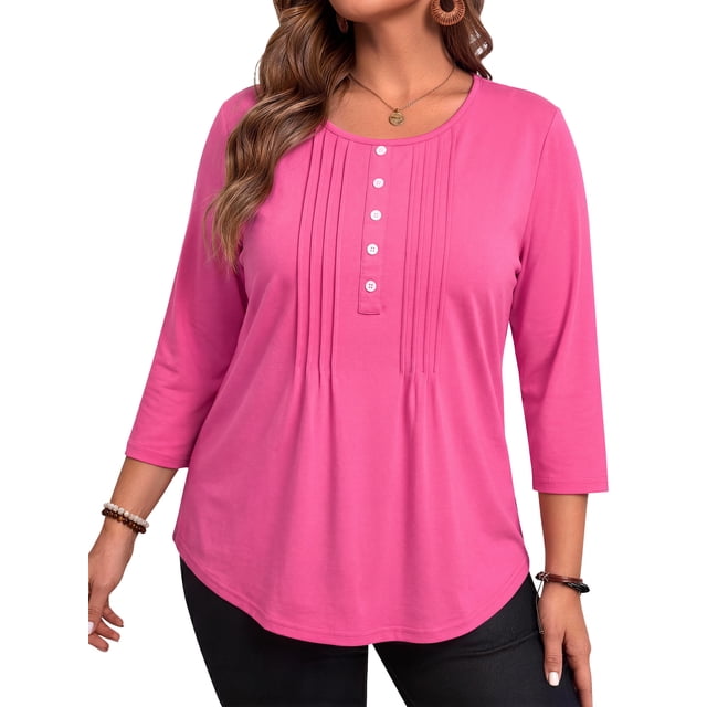 WellSize 3/4 Sleeve Plus Size Womens Blouses Casual Floral Pleats Tops Summer Crewneck Shirts Tunic Curved Hem Blouses