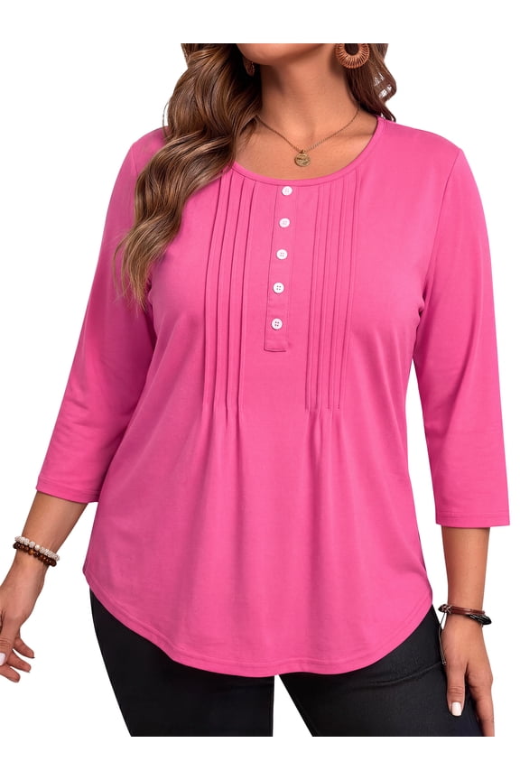3/4 Sleeve Plus Size Womens Blouses Casual Floral Pleats Tops Summer Crewneck Shirts Tunic Curved Hem Blouses