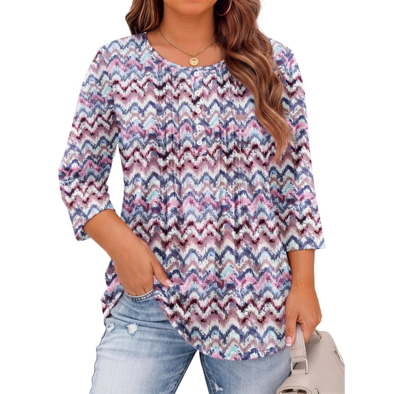 WellSize 3/4 Sleeve Plus Size Womens Blouses Casual Floral Pleats Tops Summer Crewneck Shirts Tunic Curved Hem Blouses