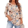 thumbnail image 1 of WellSize 3/4 Sleeve Plus Size Womens Blouses Casual Floral Pleats Tops Summer Crewneck Shirts Tunic Curved Hem Blouses, 1 of 7
