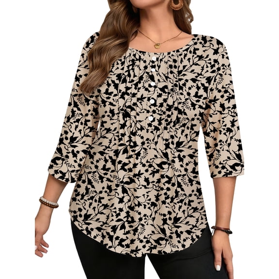 WellSize 3/4 Sleeve Plus Size Womens Blouses Casual Floral Pleats Tops Summer Crewneck Shirts Tunic Curved Hem Blouses