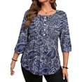 thumbnail image 1 of WellSize 3/4 Sleeve Plus Size Womens Blouses Casual Floral Pleats Tops Summer Crewneck Shirts Tunic Curved Hem Blouses, 1 of 8