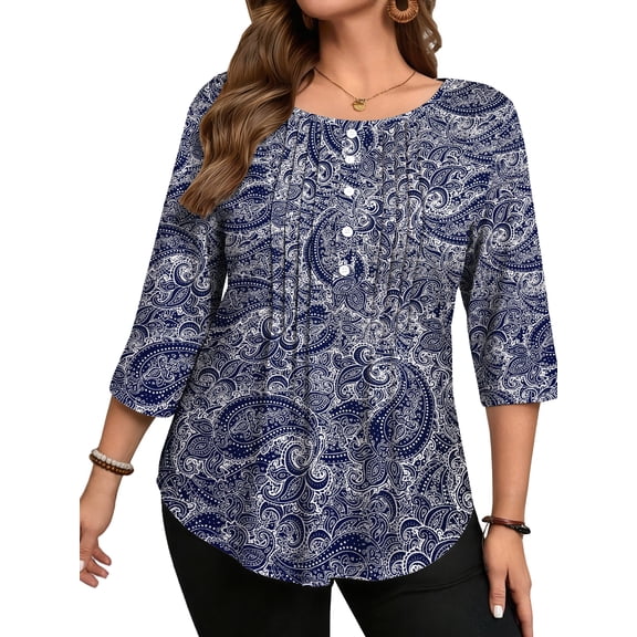 WellSize 3/4 Sleeve Plus Size Womens Blouses Casual Floral Pleats Tops Summer Crewneck Shirts Tunic Curved Hem Blouses