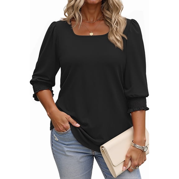 WellSize 3/4 Sleeve Womens Plus Size Tops Dressy Square Neck Casual Blouses Smocked Cuffs Summer Shirts