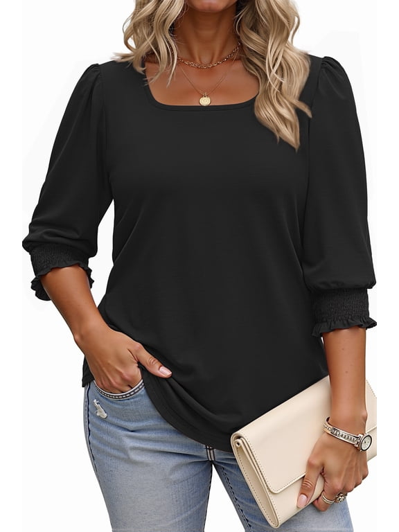 3/4 Sleeve Womens Plus Size Tops Dressy Square Neck Casual Blouses Smocked Cuffs Summer Shirts