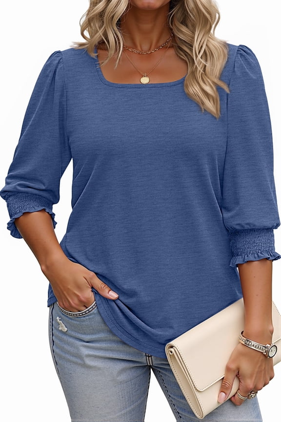3/4 Sleeve Womens Plus Size Tops Dressy Square Neck Casual Blouses Smocked Cuffs Summer Shirts