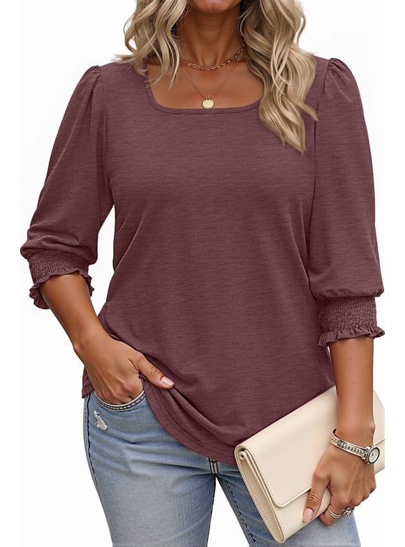 3/4 Sleeve Womens Plus Size Tops Dressy Square Neck Casual Blouses Smocked Cuffs Summer Shirts