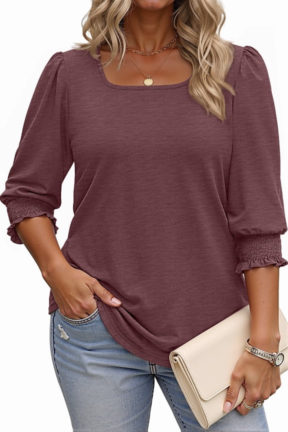 3/4 Sleeve Womens Plus Size Tops Dressy Square Neck Casual Blouses Smocked Cuffs Summer Shirts