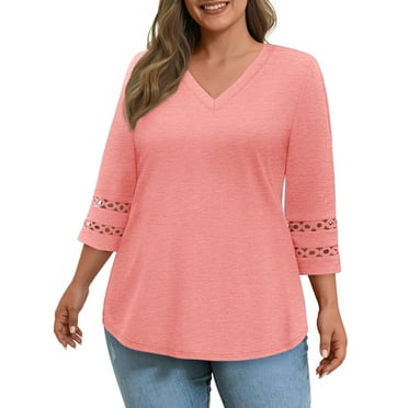 WellSize 3/4 Sleeve Womens Plus Size Tops V Neck Trendy Tunic Blouses Curved Hem Casual Shirts