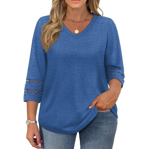 WellSize 3/4 Sleeve Womens Plus Size Tops V Neck Trendy Tunic Fall Blouses Curved Hem Casual Shirts