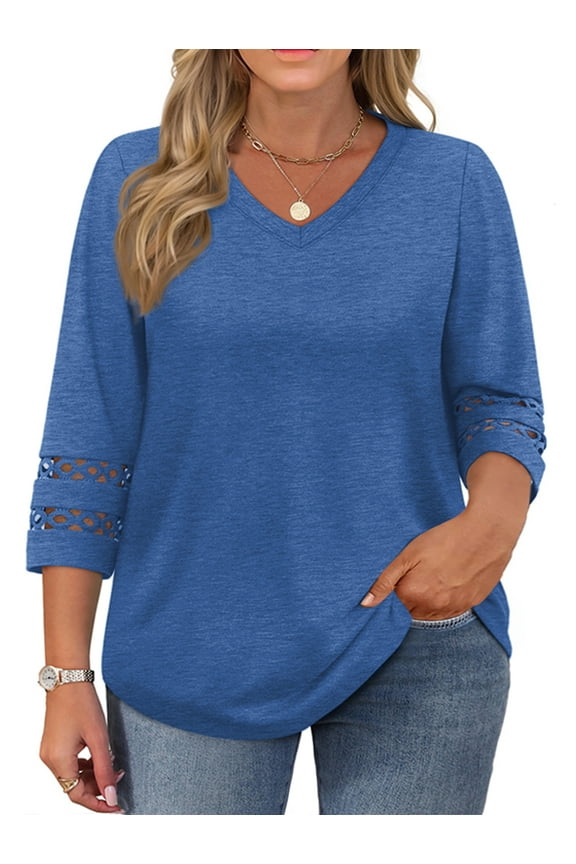 3/4 Sleeve Womens Plus Size Tops V Neck Trendy Tunic Fall Blouses Curved Hem Casual Shirts