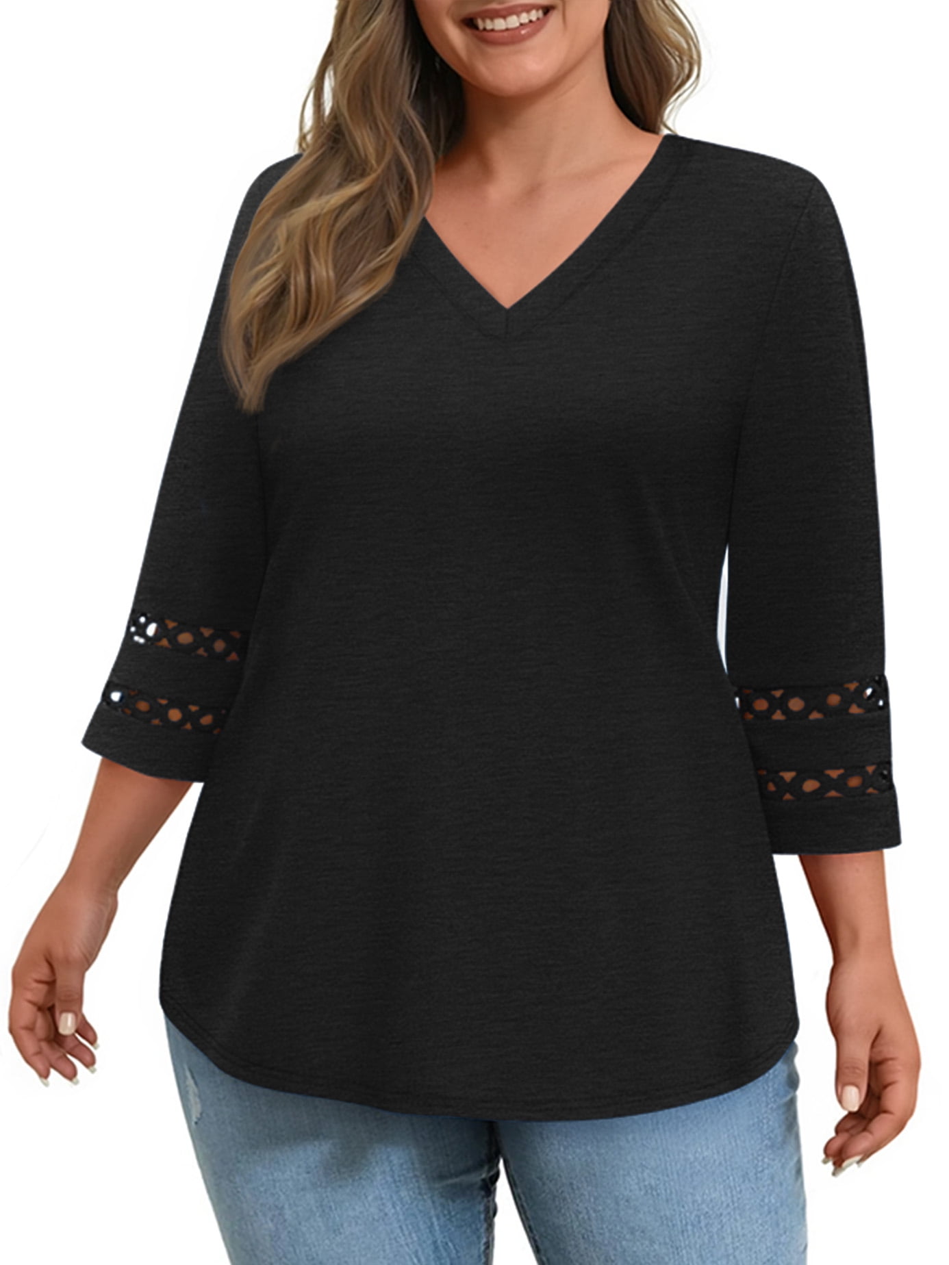 WellSize 3/4 Sleeve Womens Plus Size Tops V Neck Trendy Tunic Blouses ...