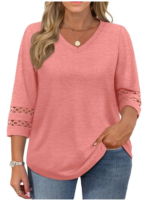 3/4 Sleeve Womens Plus Size Tops V Neck Trendy Tunic Blouses Curved Hem Casual Shirts