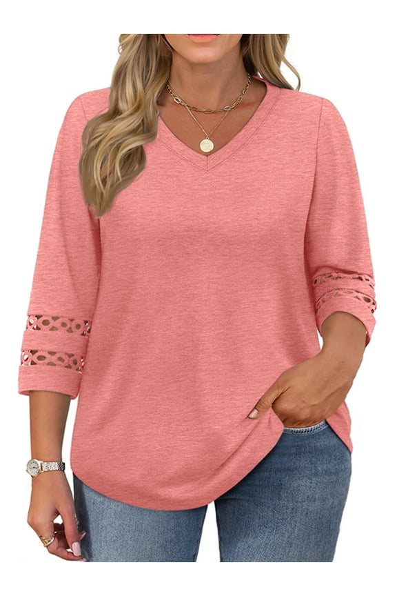 3/4 Sleeve Womens Plus Size Tops V Neck Trendy Tunic Blouses Curved Hem Casual Shirts
