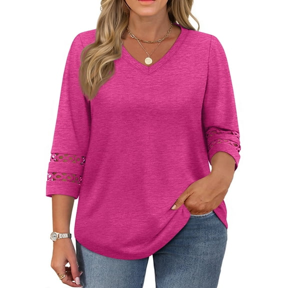 WellSize 3/4 Sleeve Womens Plus Size Tops V Neck Trendy Tunic Fall Blouses Curved Hem Casual Shirts