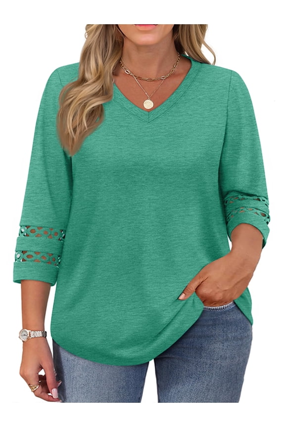 3/4 Sleeve Womens Plus Size Tops V Neck Trendy Tunic Fall Blouses Curved Hem Casual Shirts