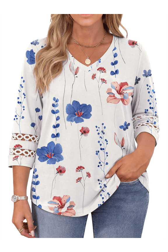 3/4 Sleeve Womens Plus Size Tops V Neck Trendy Tunic Fall Blouses Curved Hem Casual Shirts