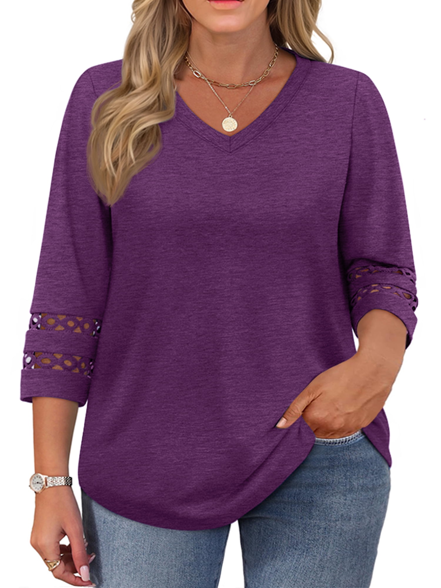 WellSize 3/4 Sleeve Womens Plus Size Tops V Neck Trendy Tunic Fall ...