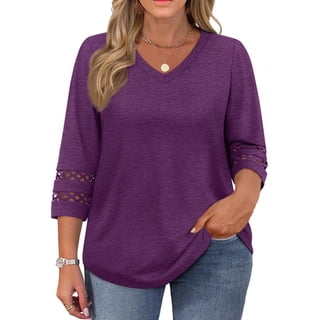 WellSize 3/4 Sleeve Womens Plus Size Tops V Neck Trendy Tunic Fall Blouses Curved Hem Casual Shirts