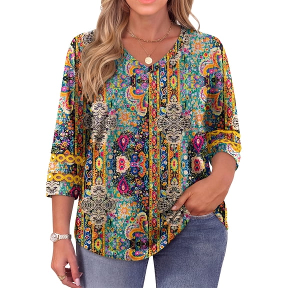 WellSize Womens 3/4 Sleeve Plus Size Tops Trendy V Neck Tunic Floral Blouses Curved Hem Casual Shirts