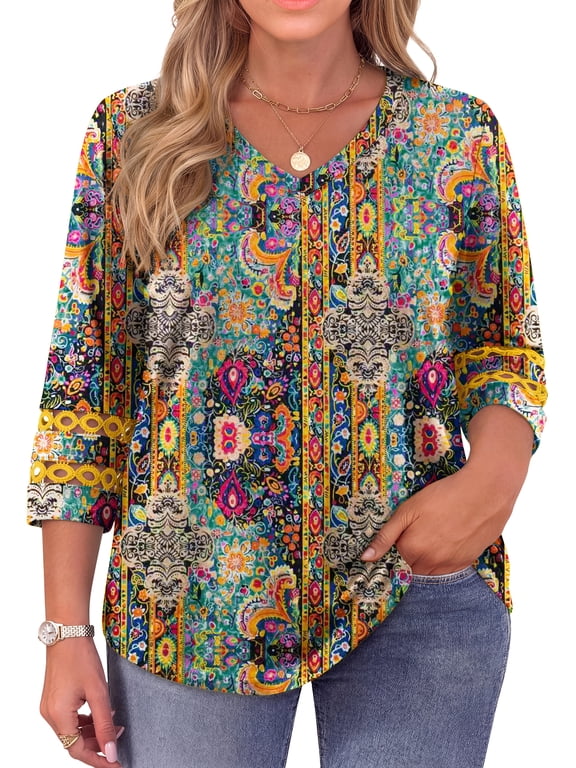 Plus Size Womens 3/4 Sleeve Tops Trendy V Neck Tunic Floral Blouses Curved Hem Casual Shirts