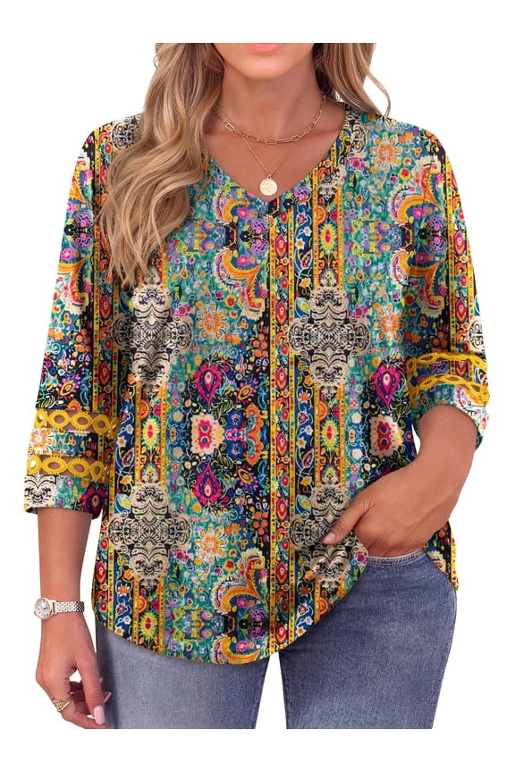Plus Size Womens 3/4 Sleeve Tops Trendy V Neck Tunic Floral Blouses Curved Hem Casual Shirts