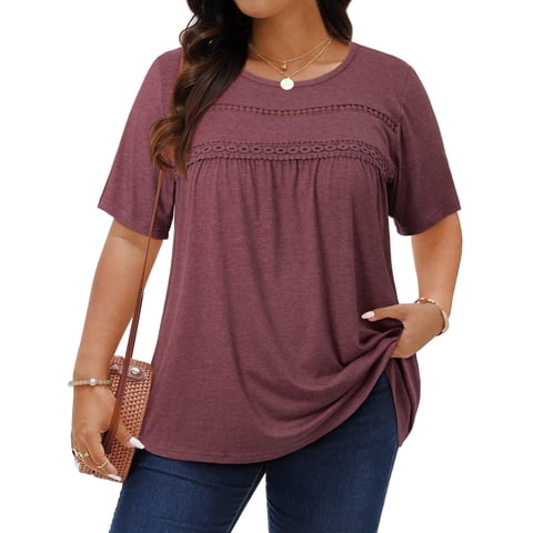 WellSize Lace Plus Size Women Blouses Casual Tunic Boho Tops Crew Neck Short Sleeve Shirts Trendy Summer Blouses