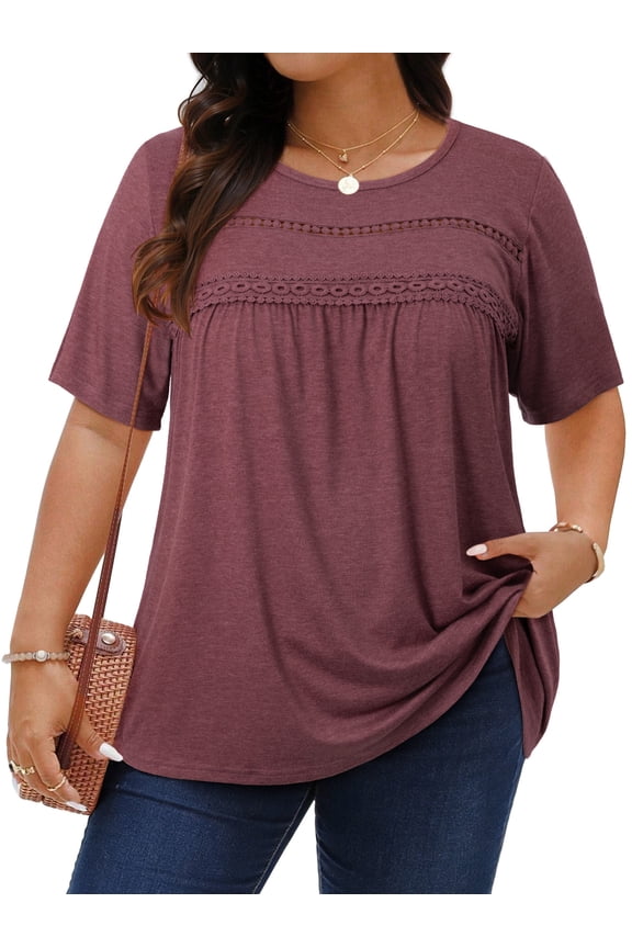 Lace Plus Size Women Blouses Casual Tunic Boho Tops Crew Neck Short Sleeve Shirts Trendy Summer Blouses