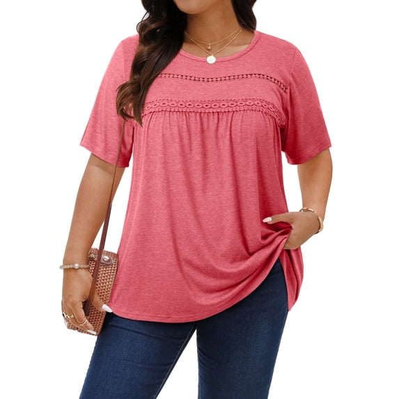 WellSize Lace Plus Size Women Blouses Casual Tunic Boho Tops Crew Neck Short Sleeve Shirts Trendy Summer Blouses