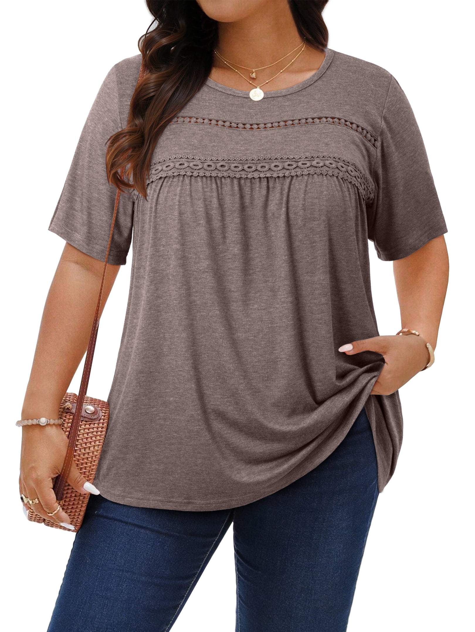 WellSize Lace Plus Size Women Blouses Casual Tunic Boho Tops Crew Neck ...