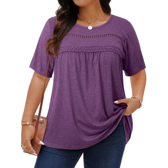 WellSize Lace Plus Size Women Blouses Casual Tunic Boho Tops Crew Neck Short Sleeve Shirts Trendy Summer Blouses