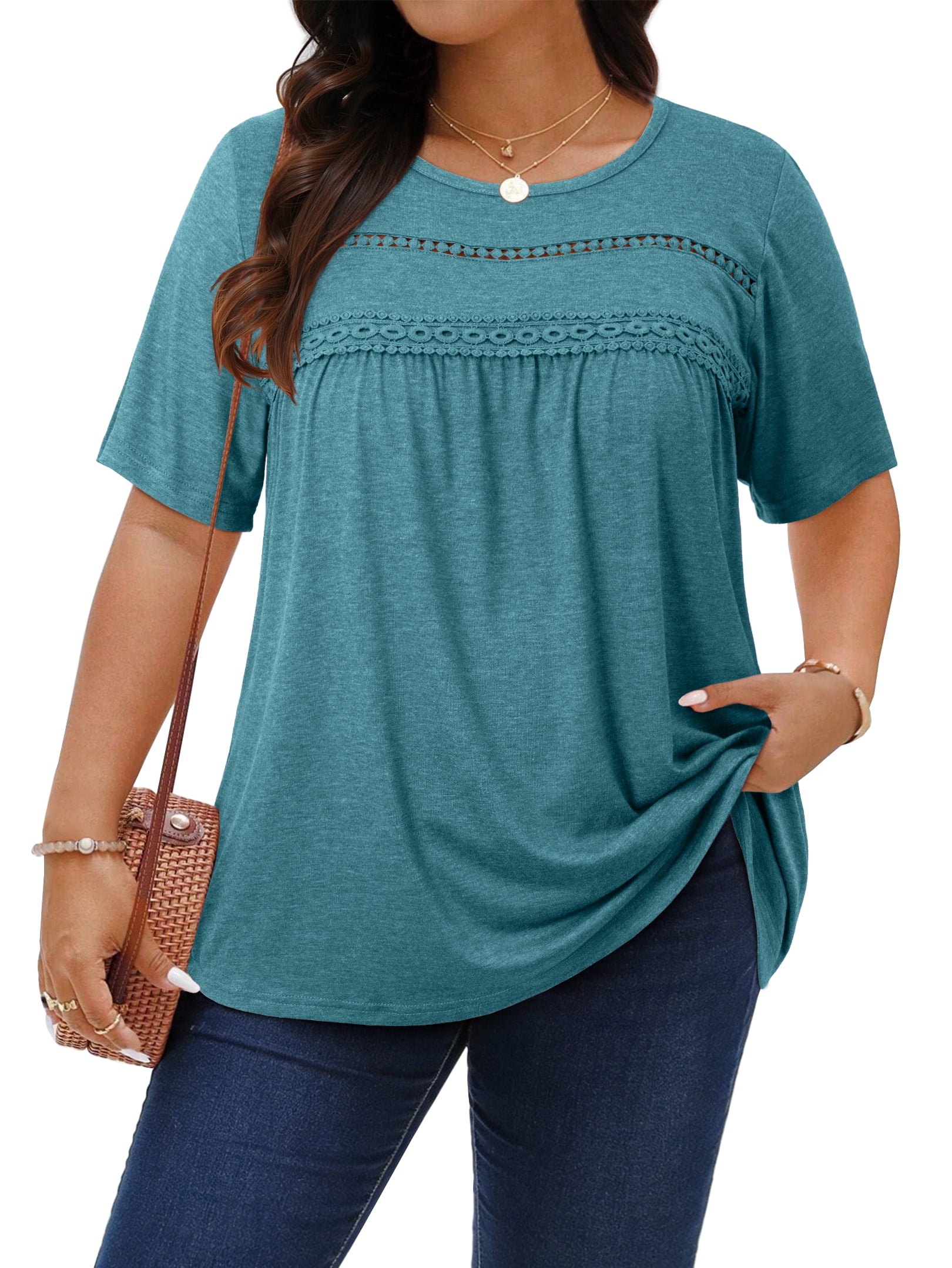 WellSize Lace Plus Size Women Blouses Casual Tunic Boho Tops Crew Neck ...