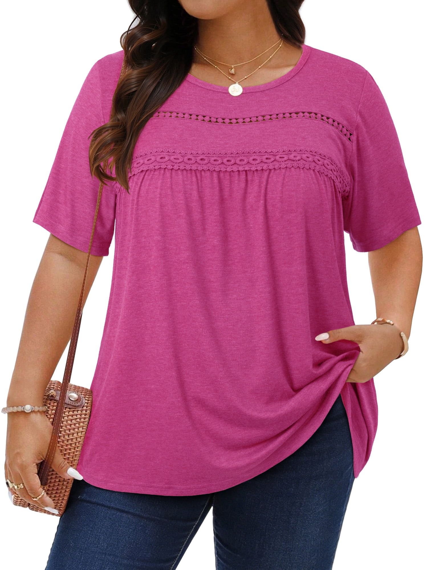 WellSize Lace Plus Size Women Blouses Casual Tunic Boho Tops Crew Neck ...