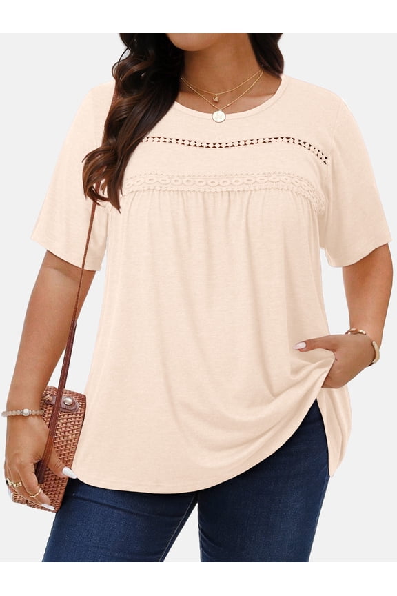 Lace Plus Size Women Blouses Casual Tunic Boho Tops Crew Neck Short Sleeve Shirts Trendy Summer Blouses