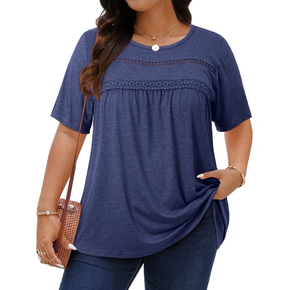 WellSize Lace Plus Size Women Blouses Casual Tunic Boho Tops Crew Neck Short Sleeve Shirts Trendy Summer Blouses