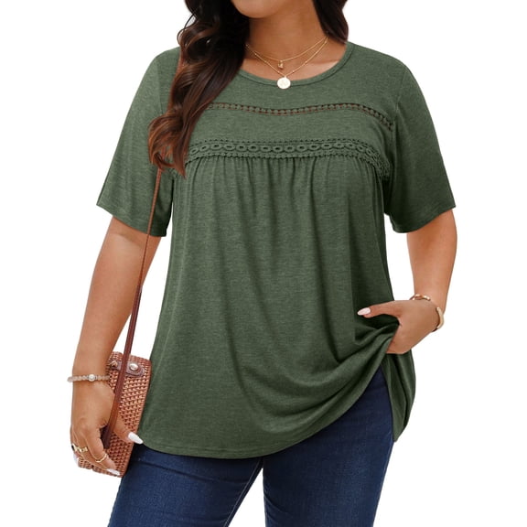 WellSize Lace Plus Size Women Blouses Casual Tunic Boho Tops Crew Neck Short Sleeve Shirts Trendy Summer Blouses