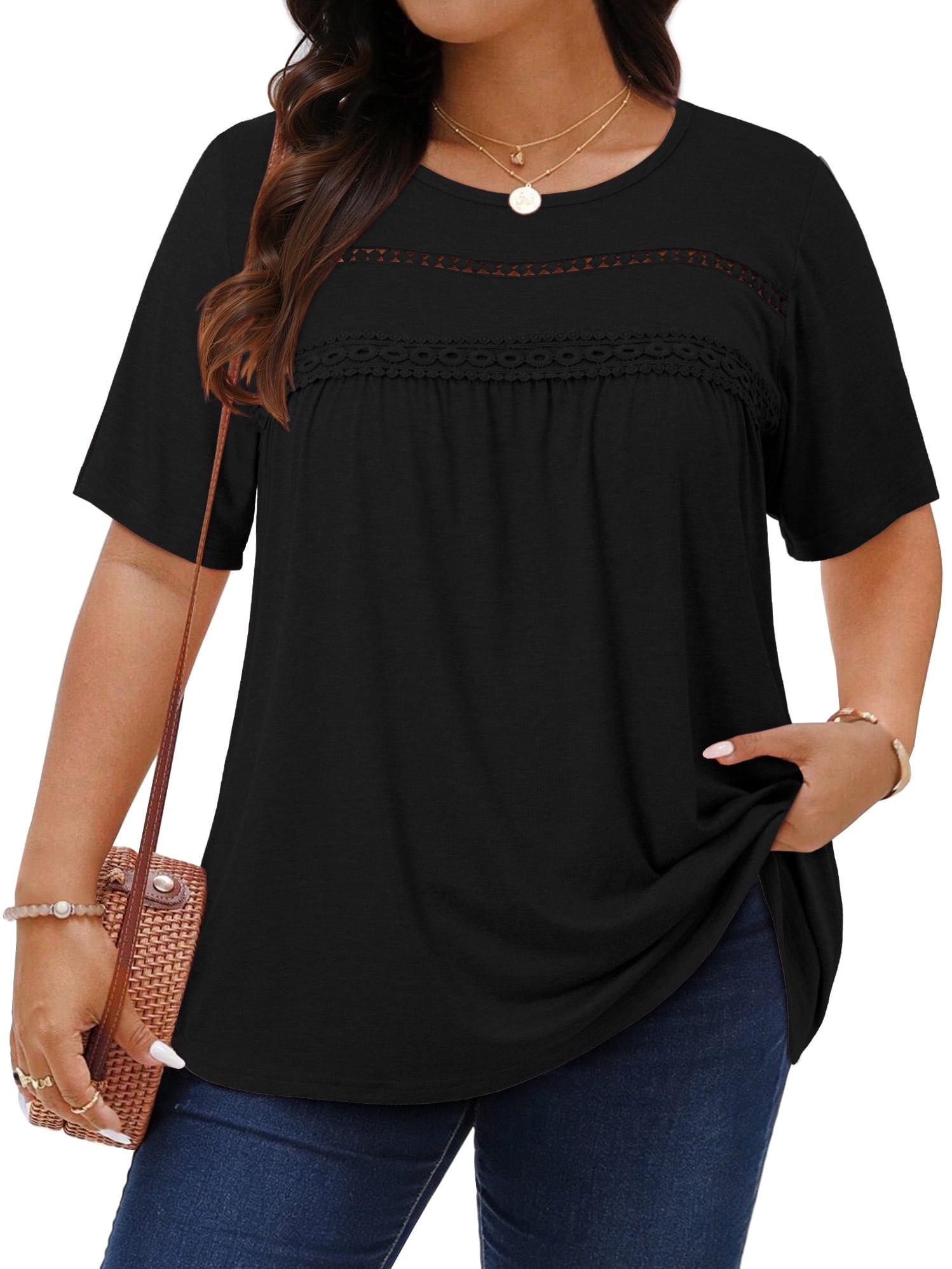 WellSize Lace Plus Size Women Blouses Casual Tunic Boho Tops Crew Neck ...