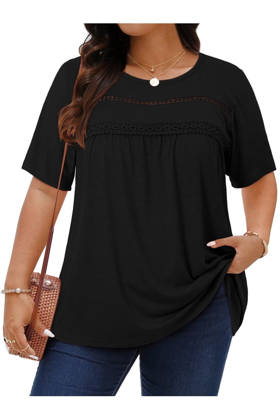 Lace Plus Size Women Blouses Casual Tunic Boho Tops Crew Neck Short Sleeve Shirts Trendy Summer Blouses