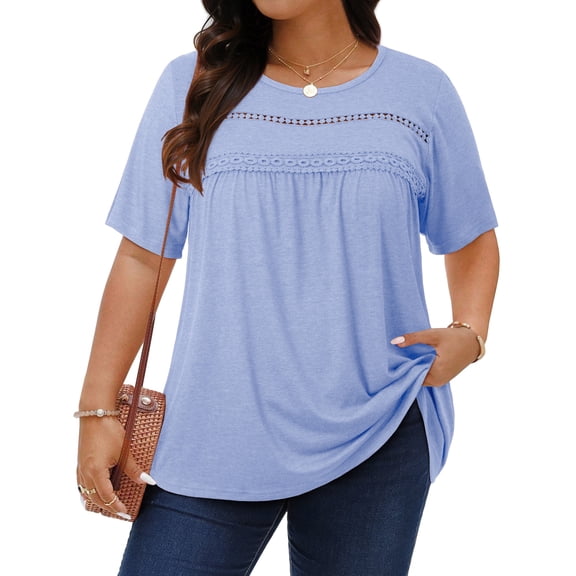 WellSize Lace Plus Size Women Blouses Casual Tunic Boho Tops Crew Neck Short Sleeve Shirts Trendy Summer Blouses