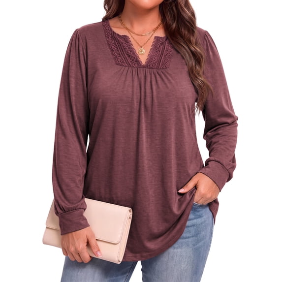 WellSize Plus Size Womens Tops Lace Long Sleeve Shirts for Women Casual V Neck Fall Tunic Blouses