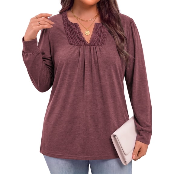 WellSize Plus Size Womens Tops Lace Long Sleeve Shirts for Women Casual V Neck Fall Tunic Blouses