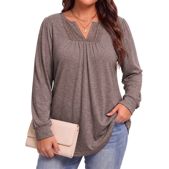 WellSize Plus Size Womens Tops Lace Long Sleeve Shirts for Women Casual V Neck Fall Tunic Blouses