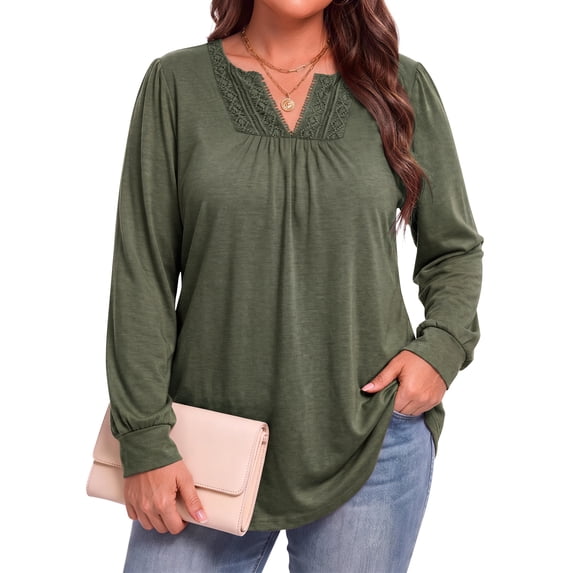 WellSize Plus Size Womens Tops Lace Long Sleeve Shirts for Women Casual V Neck Fall Tunic Blouses
