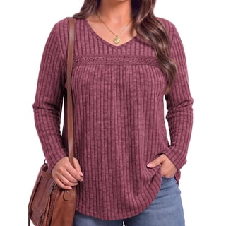 WellSize Long Sleeve Shirts for Women Plus Size Lace Tunic Tops Casual V Neck Pullover Fall Lightweight Sweaters for Women