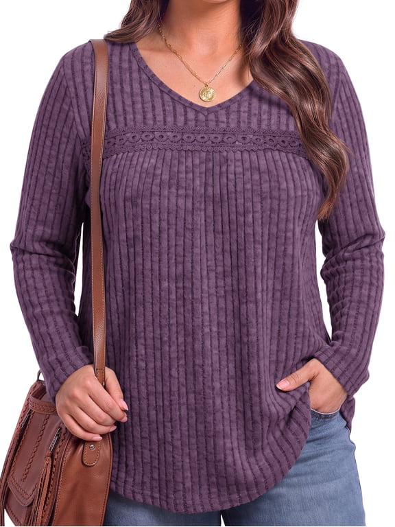 Long Sleeve Shirts for Women Plus Size Lace Tunic Tops Casual V Neck Pullover Fall Lightweight Sweaters for Women